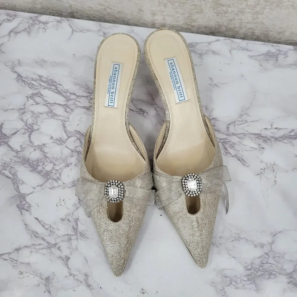 Shannon Britt Italian Silver Kitten Heel Mules Formal Bridal Evening - Picture 13 of 16